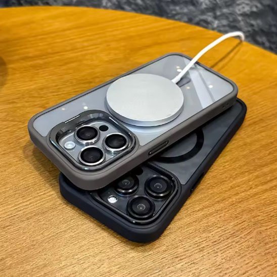 coque iphone 13 Transparent MagSafe support noir gris chargeur sans fils