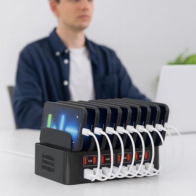 station de charge Multi appareils 4 en 1 bureau noir multicharge versatile 